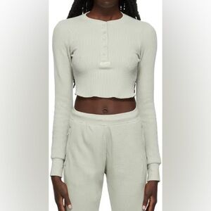 Skims Waffle Long Sleeve Crop Henley in Talc